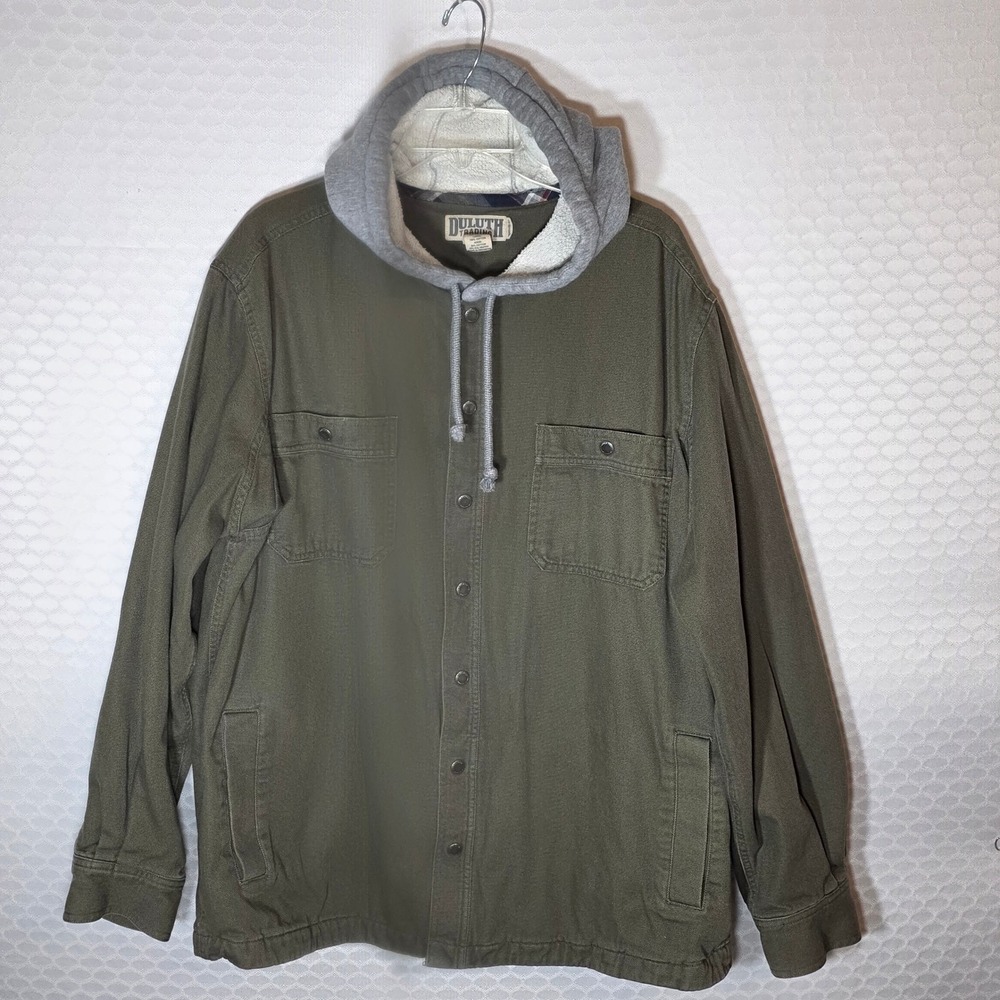 Duluth Trading Co Mens XL Canvas Hooded Shirt Jacket Flannel Lined Olive Green
